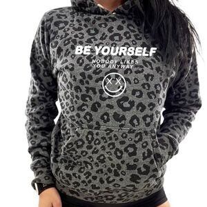 Salty Savage Be Yourself Leopard Print Pullover Sweatshirt Hoodie in Gray Unisex